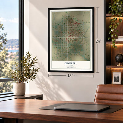 Crowell, Texas map, 18 x 24 inch print in a black frame in a home office