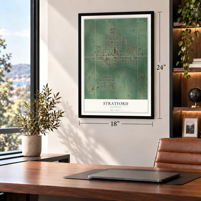Stratford, Oklahoma map, 18 x 24 inch print in a black frame in a home office