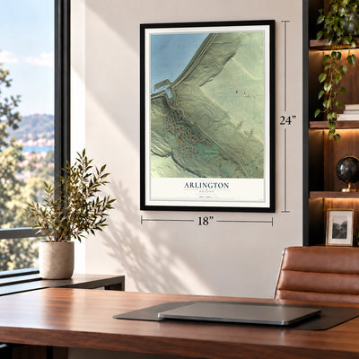 Arlington, Oregon map, 18 x 24 inch print in a black frame in a home office