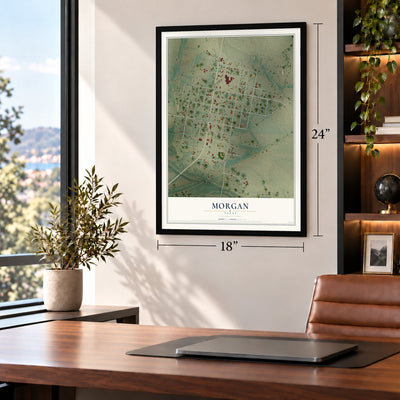 Morgan, Texas map, 18 x 24 inch print in a black frame in a home office