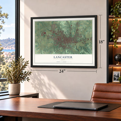 Lancaster, Ohio map, 18 x 24 inch print in a black frame in a home office