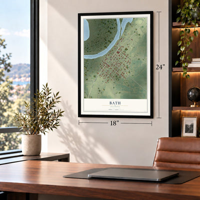 Bath, Illinois map, 18 x 24 inch print in a black frame in a home office