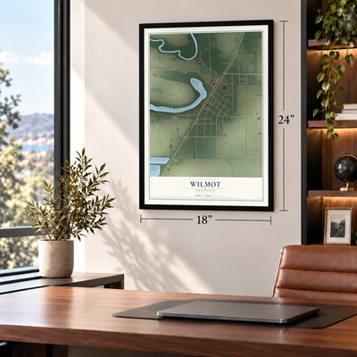 Wilmot, Arkansas map, 18 x 24 inch print in a black frame in a home office