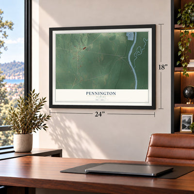 Pennington, Alabama map, 18 x 24 inch print in a black frame in a home office