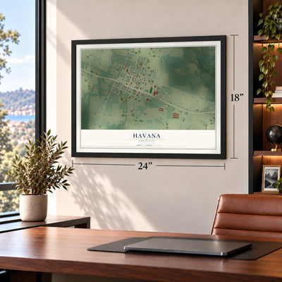 Havana, Arkansas map, 18 x 24 inch print in a black frame in a home office