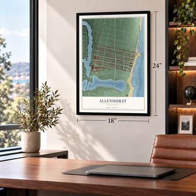 Allenhurst, New Jersey map, 18 x 24 inch print in a black frame in a home office