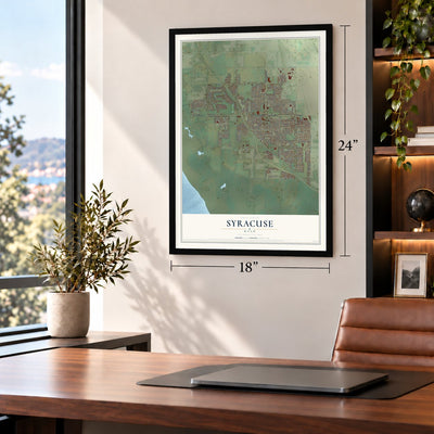 Syracuse, Utah map, 18 x 24 inch print in a black frame in a home office