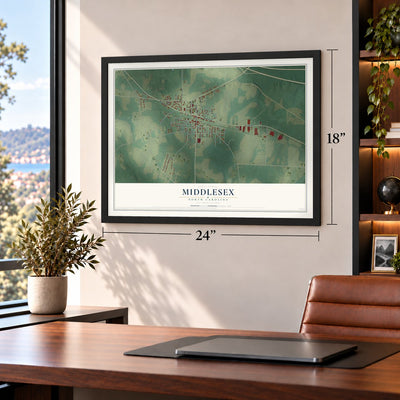 Middlesex, North Carolina map, 18 x 24 inch print in a black frame in a home office