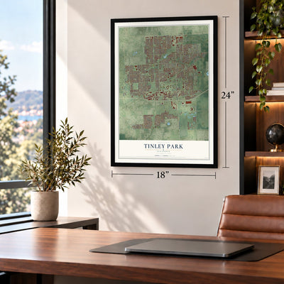 Tinley Park, Illinois map, 18 x 24 inch print in a black frame in a home office