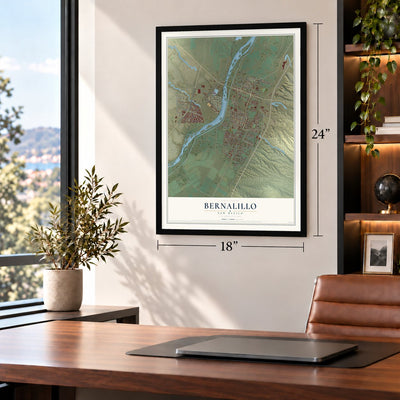 Bernalillo, New Mexico map, 18 x 24 inch print in a black frame in a home office