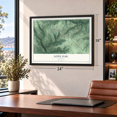 Lone Oak, Tennessee map, 18 x 24 inch print in a black frame in a home office