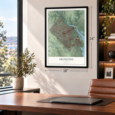Arlington, Virginia map, 18 x 24 inch print in a black frame in a home office