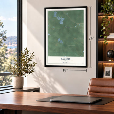 Backus, Michigan map, 18 x 24 inch print in a black frame in a home office