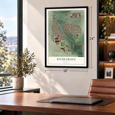River Grove, Illinois map, 18 x 24 inch print in a black frame in a home office