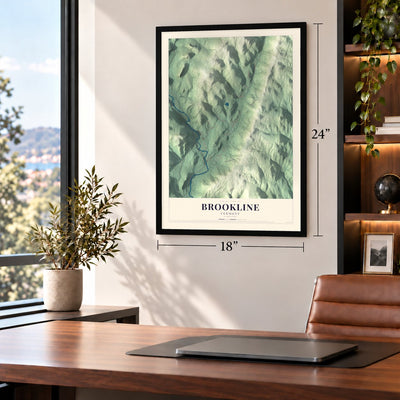 Brookline, Vermont map, 18 x 24 inch print in a black frame in a home office