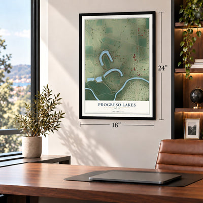 Progreso Lakes, Texas map, 18 x 24 inch print in a black frame in a home office