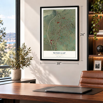 Wind Gap, Pennsylvania map, 18 x 24 inch print in a black frame in a home office