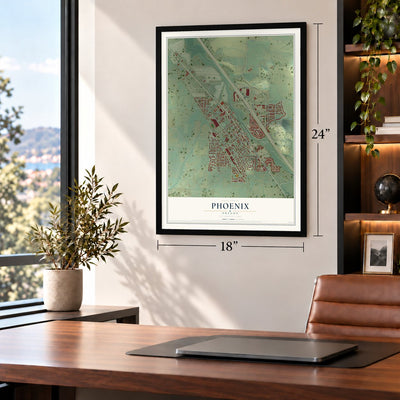 Phoenix, Oregon map, 18 x 24 inch print in a black frame in a home office