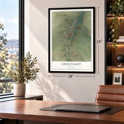 Grass Valley, Oregon map, 18 x 24 inch print in a black frame in a home office