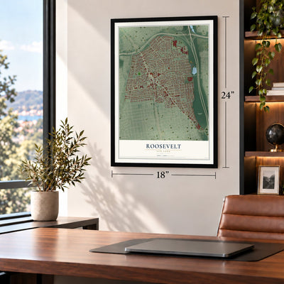 Roosevelt, New York map, 18 x 24 inch print in a black frame in a home office