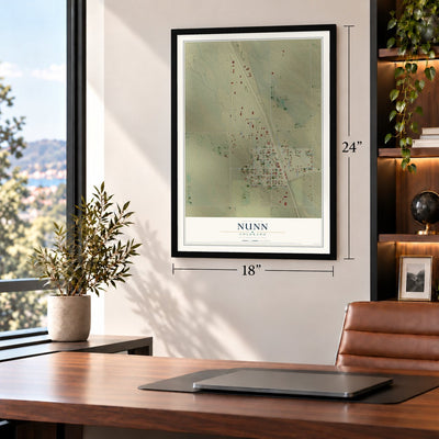 Nunn, Colorado map, 18 x 24 inch print in a black frame in a home office