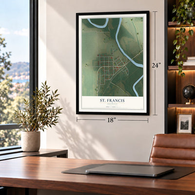 St. Francis, Arkansas map, 18 x 24 inch print in a black frame in a home office