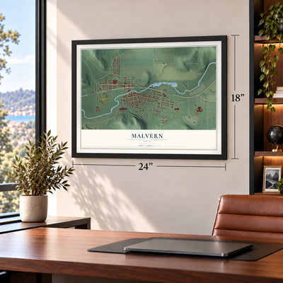 Malvern, Ohio map, 18 x 24 inch print in a black frame in a home office