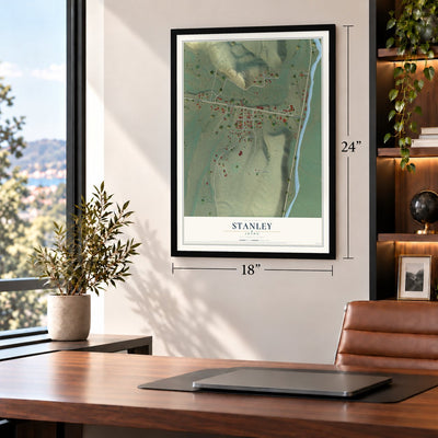 Stanley, Idaho map, 18 x 24 inch print in a black frame in a home office