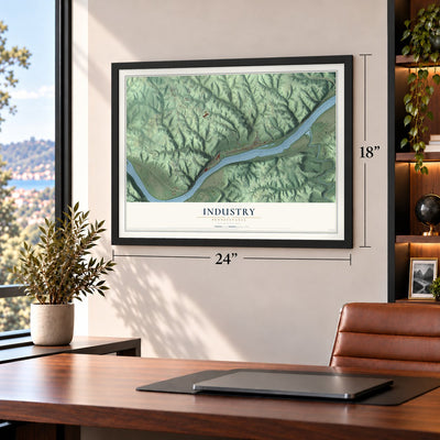 Industry, Pennsylvania map, 18 x 24 inch print in a black frame in a home office