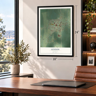 Lennon, Michigan map, 18 x 24 inch print in a black frame in a home office