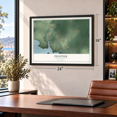 Peletier, North Carolina map, 18 x 24 inch print in a black frame in a home office