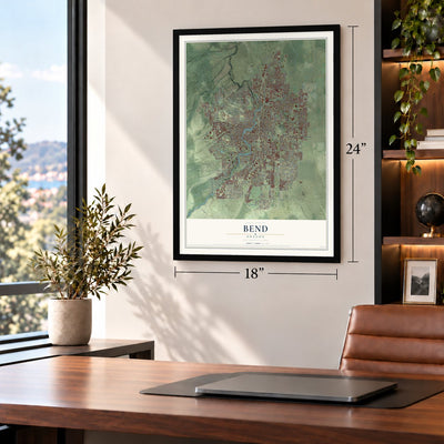 Bend, Oregon map, 18 x 24 inch print in a black frame in a home office