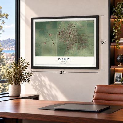 Paxton, Illinois map, 18 x 24 inch print in a black frame in a home office