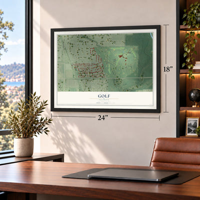 Golf, Illinois map, 18 x 24 inch print in a black frame in a home office