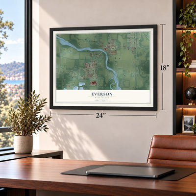 Everson, Washington map, 18 x 24 inch print in a black frame in a home office