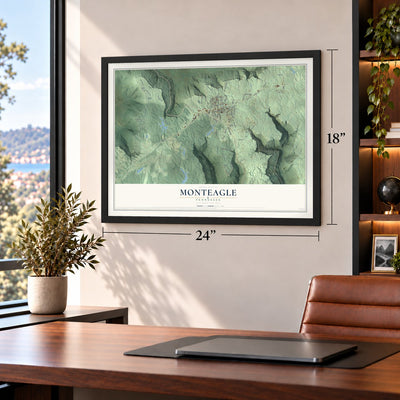 Monteagle, Tennessee map, 18 x 24 inch print in a black frame in a home office