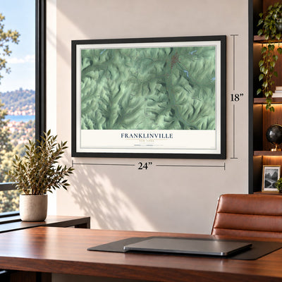 Franklinville, New York map, 18 x 24 inch print in a black frame in a home office