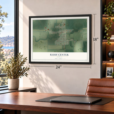 Rush Center, Kansas map, 18 x 24 inch print in a black frame in a home office