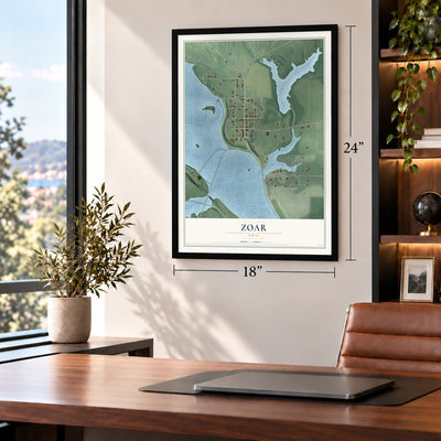 Zoar, Ohio map, 18 x 24 inch print in a black frame in a home office