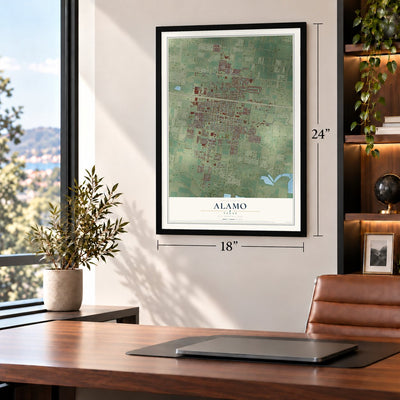 Alamo, Texas map, 18 x 24 inch print in a black frame in a home office