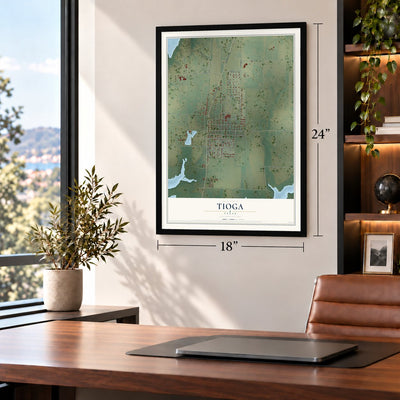 Tioga, Texas map, 18 x 24 inch print in a black frame in a home office