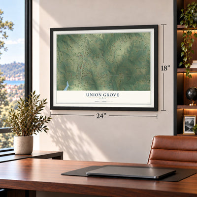 Union Grove, Texas map, 18 x 24 inch print in a black frame in a home office