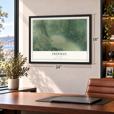 Freeman, Missouri map, 18 x 24 inch print in a black frame in a home office