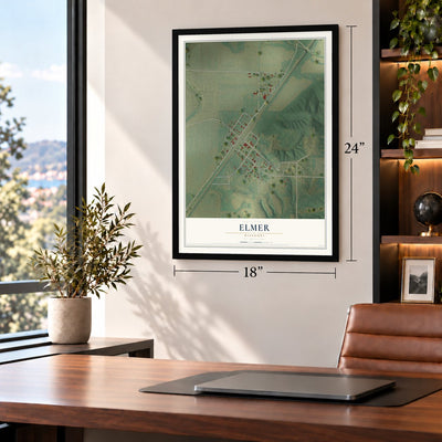 Elmer, Missouri map, 18 x 24 inch print in a black frame in a home office