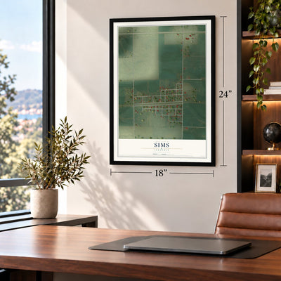 Sims, Illinois map, 18 x 24 inch print in a black frame in a home office