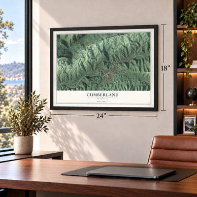 Cumberland, Kentucky map, 18 x 24 inch print in a black frame in a home office