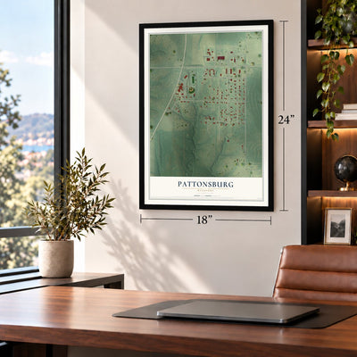 Pattonsburg, Missouri map, 18 x 24 inch print in a black frame in a home office
