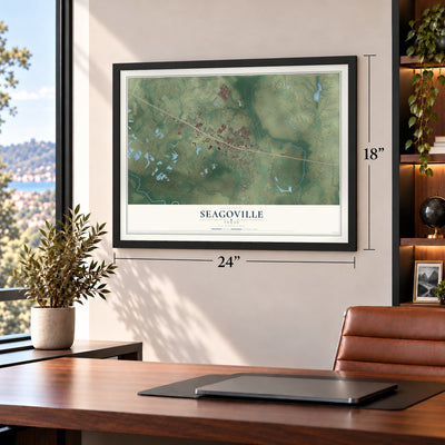 Seagoville, Texas map, 18 x 24 inch print in a black frame in a home office