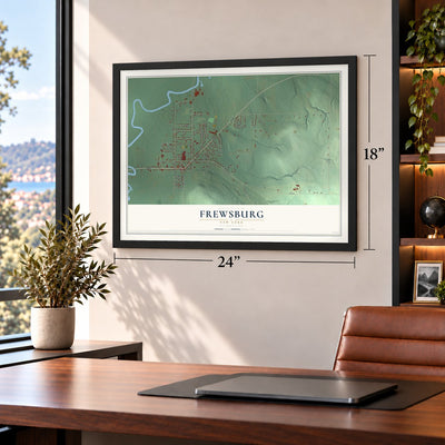 Frewsburg, New York map, 18 x 24 inch print in a black frame in a home office