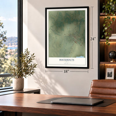 Buckholts, Texas map, 18 x 24 inch print in a black frame in a home office